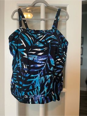 Tropical Blue & Black Leaf Print Swim Tank Top